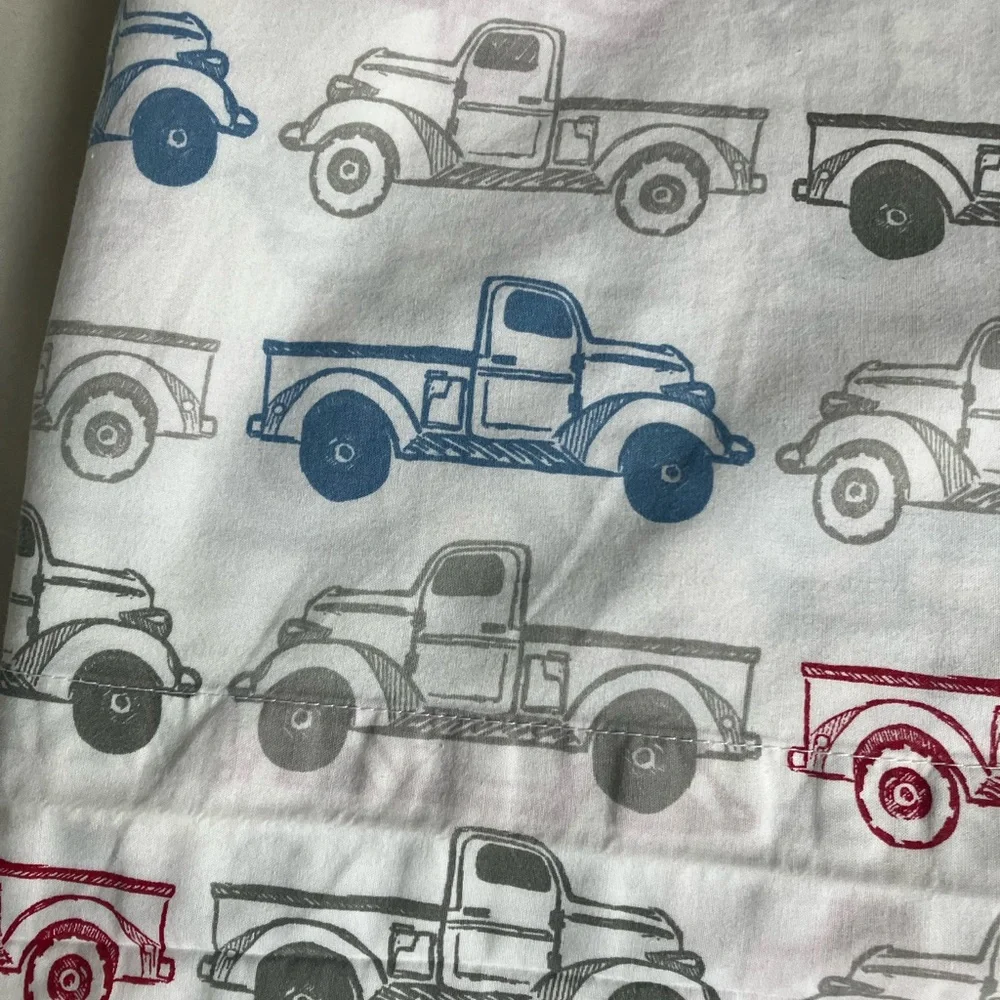 POTTERY BARN KIDS Truck Print Cotton Twin Flat Sheet - Red, Blue, Gray (1)